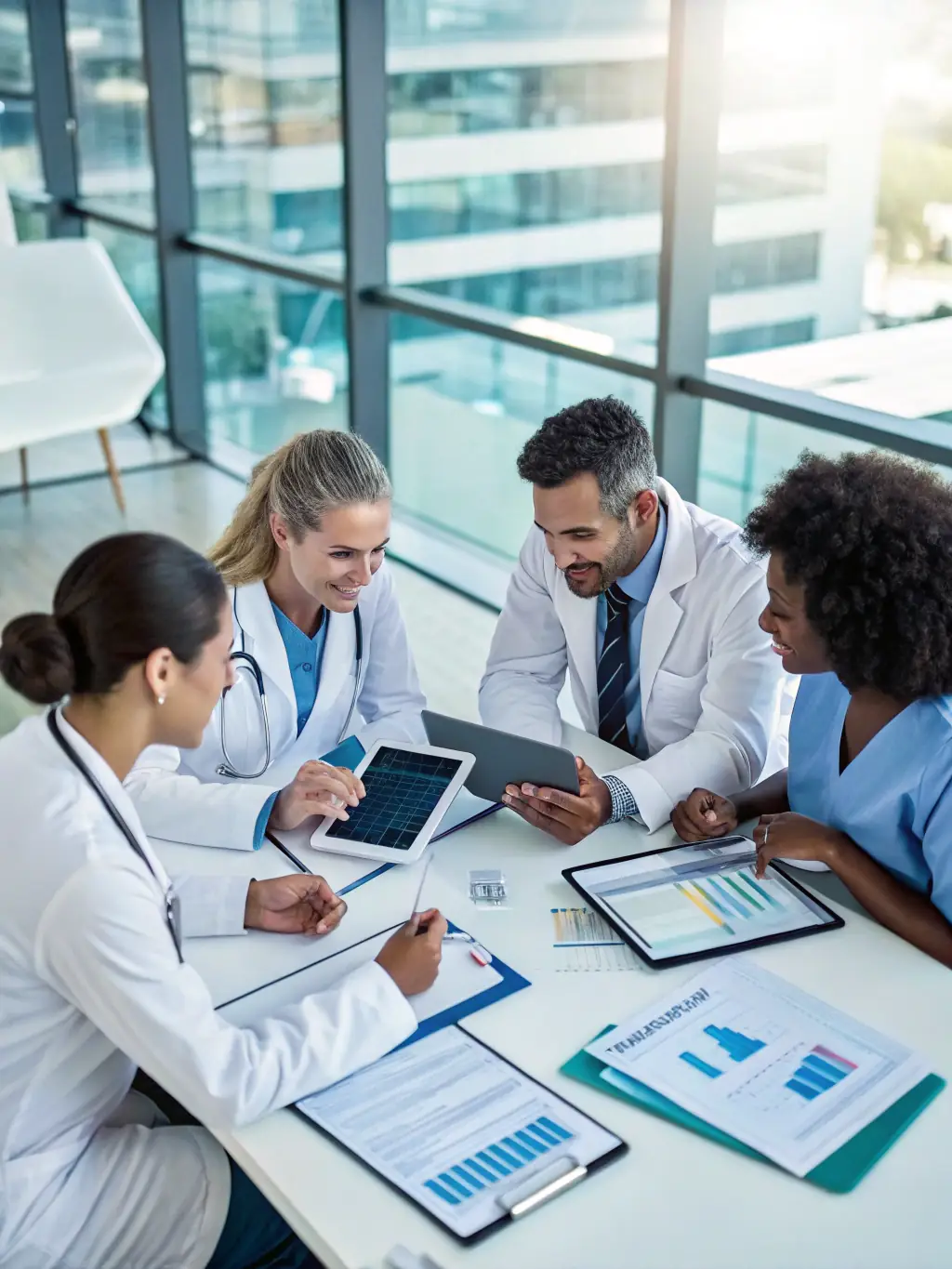 A diverse group of South African healthcare professionals discussing drug information resources during a meeting, highlighting the collaborative use of drug guides.